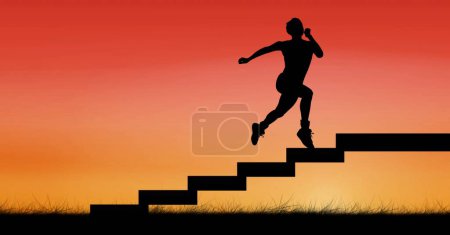Photo for Digital composite of woman running up stairs - Royalty Free Image