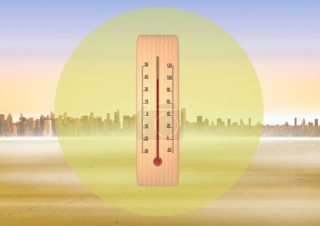 Photo for Thermometer in front of skyscrapers - Royalty Free Image