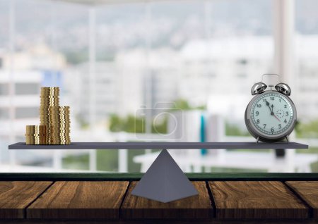 Photo for Digital composite of scale with money and alarm clock on both side - Royalty Free Image