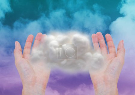 Photo for Digital composite of hands holding cloud - Royalty Free Image