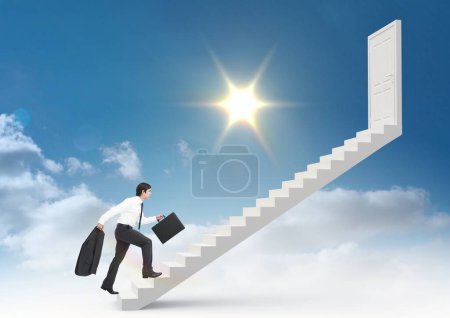 Photo for Digital composite of business man running up stairs - Royalty Free Image