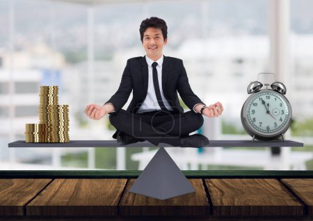 Photo for Digital composite of business man sitting on scale - Royalty Free Image