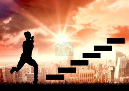 Photo for Digital composite of woman running up stairs - Royalty Free Image