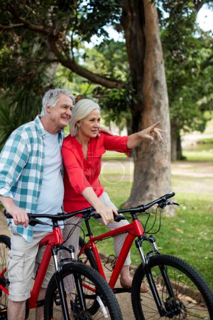 Photo for "Senior couple standing with bicycle in park" - Royalty Free Image