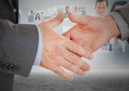 Photo for Composite image of Handshake in front of sky with business people - Royalty Free Image