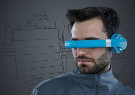 Téléchargez les photos : Casque homme en réalité virtuelle bleue contre bureau gris dessiné à la main - en image libre de droit