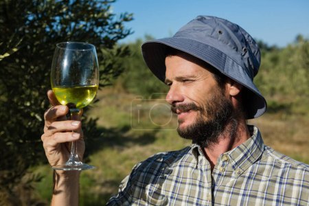 Foto de Hombre mirando la copa de vino en la granja de aceitunas - Imagen libre de derechos
