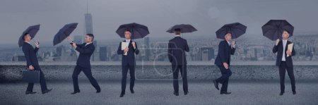 Foto de Hombre de negocios con collage paraguas contra fondo de ciudad - Imagen libre de derechos