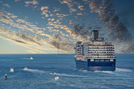Photo for Blue and White Cruise Ship Going out to sea - Royalty Free Image