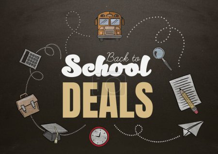 Photo for Back to school deals and text with school graphics on blackboard - Royalty Free Image