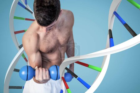 Photo for Fitness man lifting weight with 3D DNA strands - Royalty Free Image