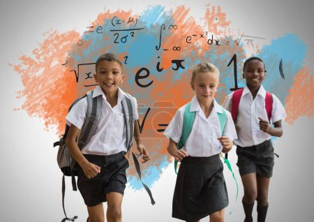 Photo for School kids running in front of equations - Royalty Free Image