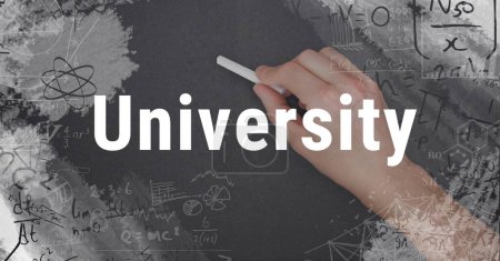 Photo for Hand writing with chalk University text with math science drawings on blackboard - Royalty Free Image