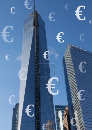 Photo for Skyscrapers buildings with Euro currency icons - Royalty Free Image