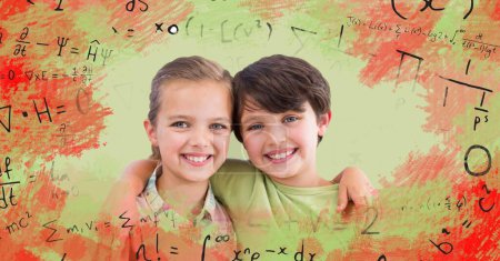 Photo for School kids hugging in the middle of equations - Royalty Free Image