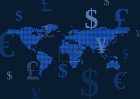 Photo for World map with Mixed Currency icons - Royalty Free Image