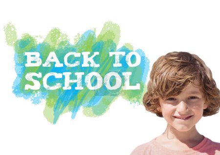 Foto de Volver a la escuela texto colorido con chico - Imagen libre de derechos