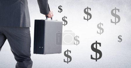 Foto de Hombre de negocios sosteniendo maletín con iconos de moneda dólar - Imagen libre de derechos