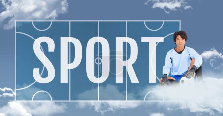 Photo for Soccer player man sitting on a cloud with sport icons - Royalty Free Image