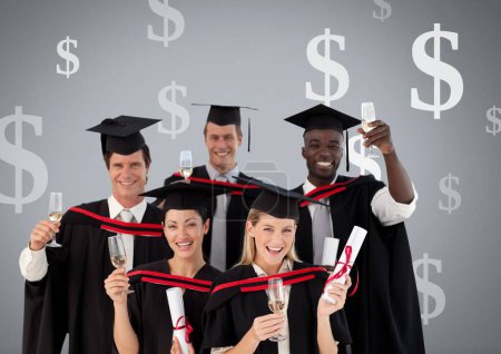 Téléchargez les photos : Étudiants diplômés avec champagne avec des icônes de devise Dollar - en image libre de droit