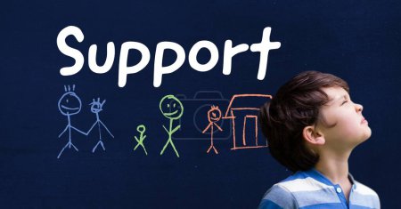 Photo for Boy and Support text with stick people family drawings on blackboard - Royalty Free Image