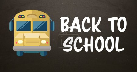 Foto de Texto de regreso a la escuela con autobús escolar en pizarra - Imagen libre de derechos