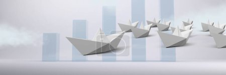 Photo for Paper boats floating in room with bar charts - Royalty Free Image