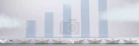 Photo for Paper boats in line in room with bar charts - Royalty Free Image
