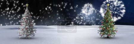 Foto de Árboles de Navidad en el paisaje invernal con fuegos artificiales - Imagen libre de derechos