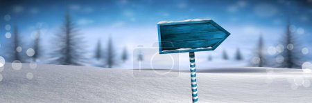 Téléchargez les photos : "Panneau en bois dans le paysage d'hiver de Noël
" - en image libre de droit