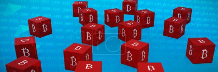Foto de Imagen compuesta de varios cubo rojo con signo de bitcoin en cada lado - Imagen libre de derechos