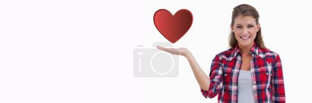 Photo for Woman with open hand and heart on white background - Royalty Free Image