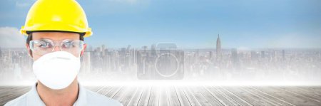 Photo for Construction Worker over city buildings - Royalty Free Image