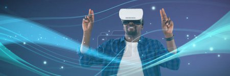 Photo for Composite image of man gesturing while using virtual reality headset - Royalty Free Image