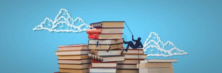 Photo for Piles of books with climbing silhouette and clouds on blue background - Royalty Free Image