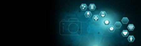 Photo for Medical interface hexagon icons over world map - Royalty Free Image