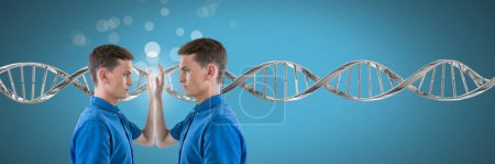 Téléchargez les photos : Clone jumeau homme se touchant avec l'ADN génétique et scintille - en image libre de droit