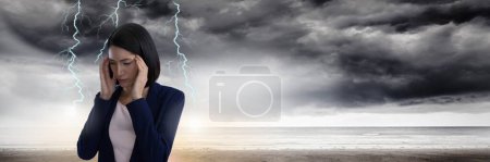 Photo for Lightning strikes and stressed woman with headache - Royalty Free Image