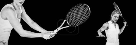 Foto de Imagen compuesta de un atleta jugando al tenis con una raqueta - Imagen libre de derechos