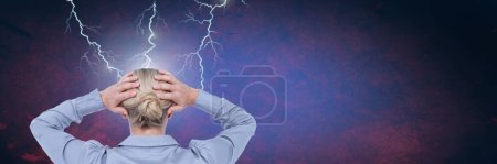 Photo for Lightning strikes and stressed woman with headache holding head - Royalty Free Image