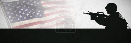 Téléchargez les photos : Image composite de soldat avec drapeau américain contre le design de mur noir - en image libre de droit