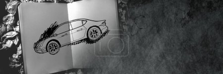 Téléchargez les photos : Croquis de voiture idée de dessin à la main dans le bloc-croquis - en image libre de droit