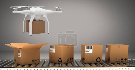 Photo for Drone flying by conveyor belt with delivery parcel boxes - Royalty Free Image