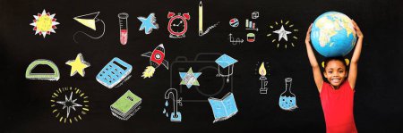 Photo for School girl holding world globe and Education drawing on blackboard for school - Royalty Free Image