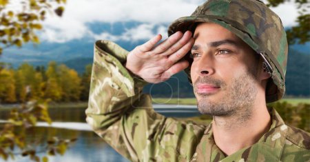 Photo for Autumn landscape and soldier saluting - Royalty Free Image