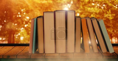 Photo for Autumn leaves and books on wood surface - Royalty Free Image