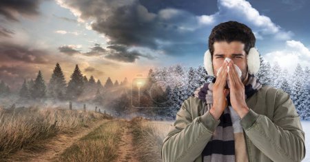 Téléchargez les photos : Transition météorologique saisonnière d'automne et d'hiver et homme malade grippé - en image libre de droit