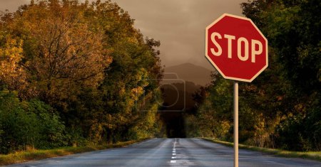 Foto de Camino de otoño con señal de stop - Imagen libre de derechos