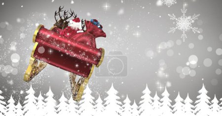 Photo for Santa flying in sleigh with reindeer over snowflake forest - Royalty Free Image