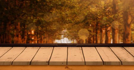 Téléchargez les photos : Arbres d'automne avec surface en bois au premier plan - en image libre de droit